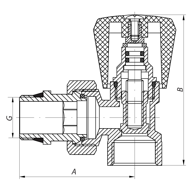 Вентиль радиаторный KOER KR.901-Gi угловой 1/2"x1/2" с американкой KR0173
