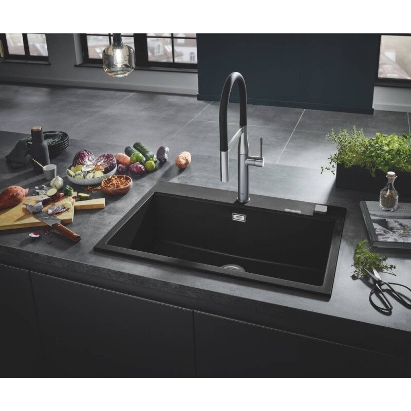 Раковина на кухню гранітна прямокутна GROHE 780мм x 510мм чорний із сифоном 31652AP0