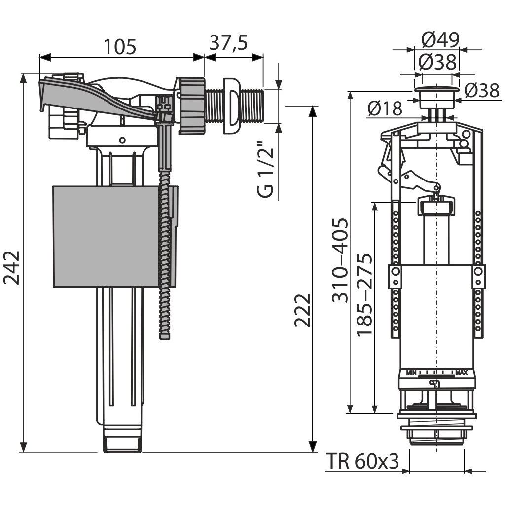 Комплект арматури для бачка унітаза ALCAPLAST підключення 1/2" бічне підведення води SA2000 1/2" CHROM