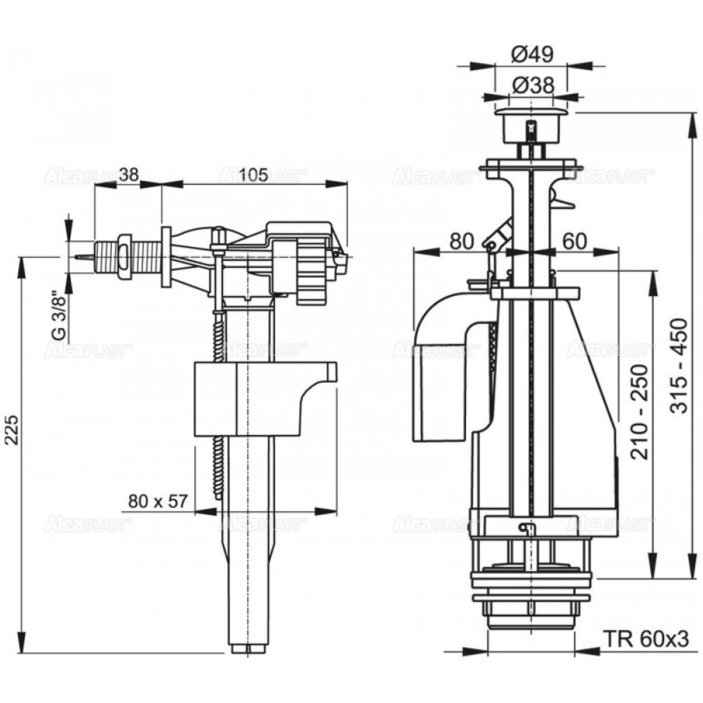 Комплект арматуры для бачка унитаза ALCAPLAST подключение 3/8" нижний подвод воды SA08SK 3/8" CHROM