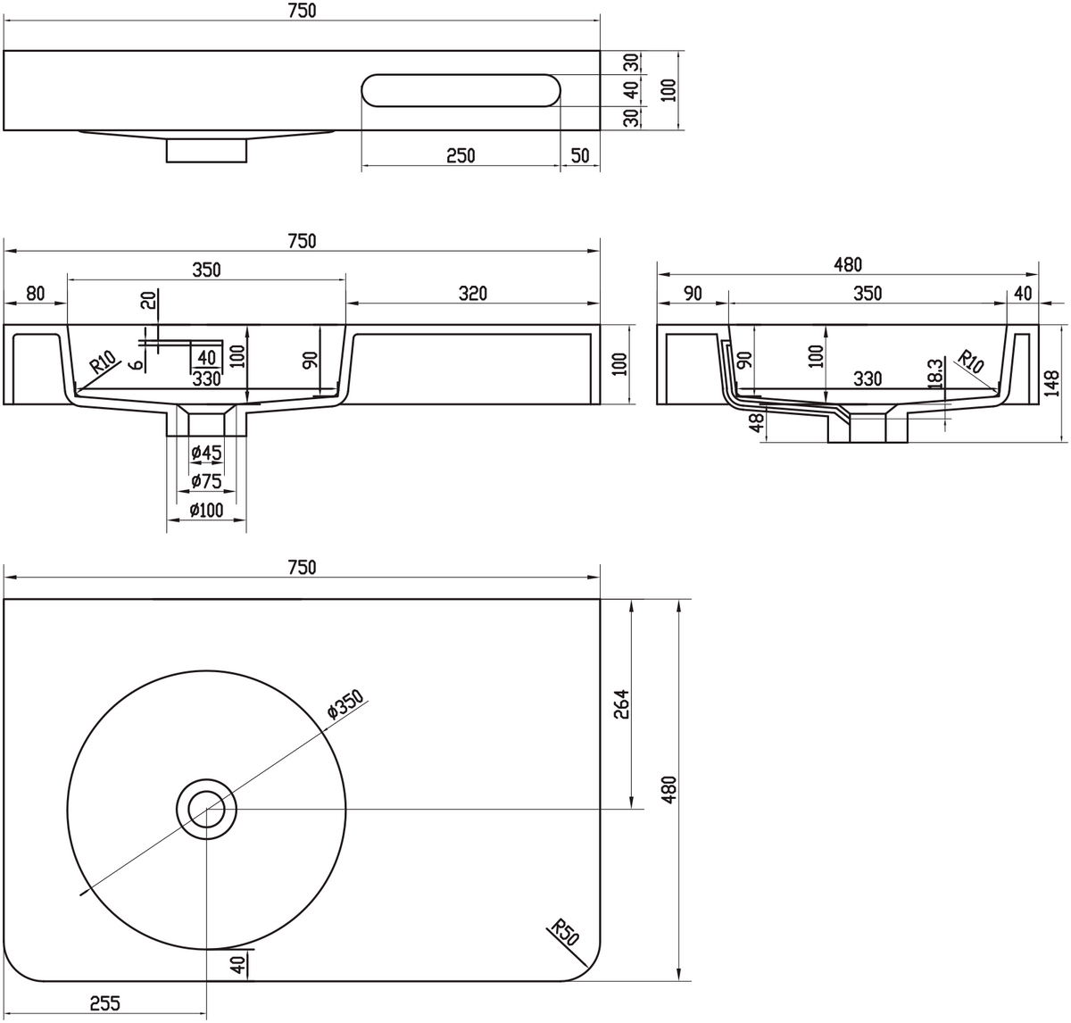 Умивальник підвісний VOLLE Solid Surface 750x480x148мм прямокутний білий 13-40-742