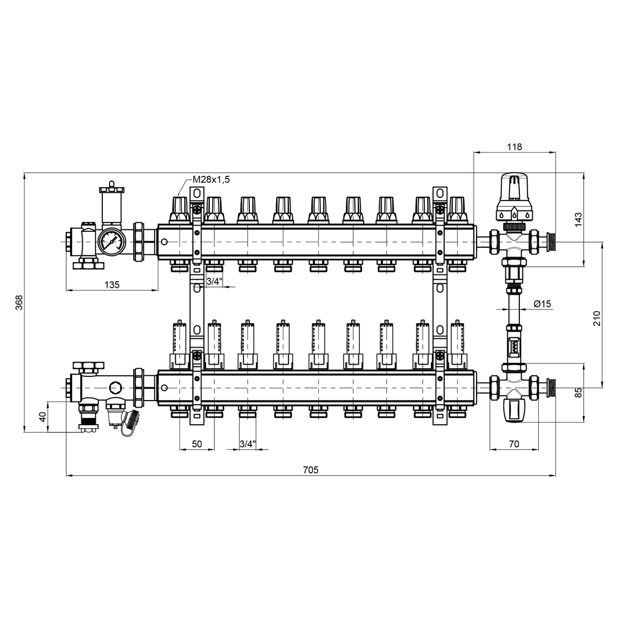 Колектор для теплої підлоги ICMA 9 контурів з витратомірами 1"/3/4" K0111 A1K013APS06