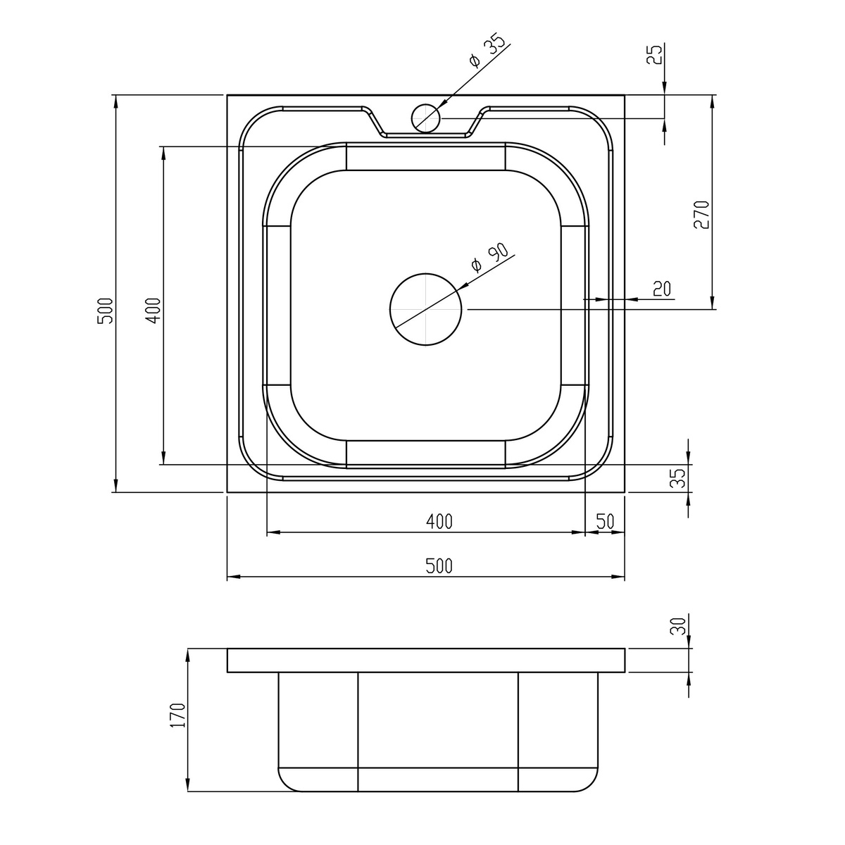 Раковина на кухню металлическая квадратная накладная LIDZ 500мм x 500мм микротекстура 0.6мм с сифоном LIDZ5050DEC06