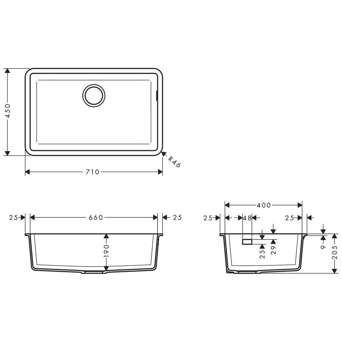 Мийка для кухні гранітна прямокутна HANSGROHE S510-U660 710x450x205мм врізна під стільницю без сифону чорна 43432170