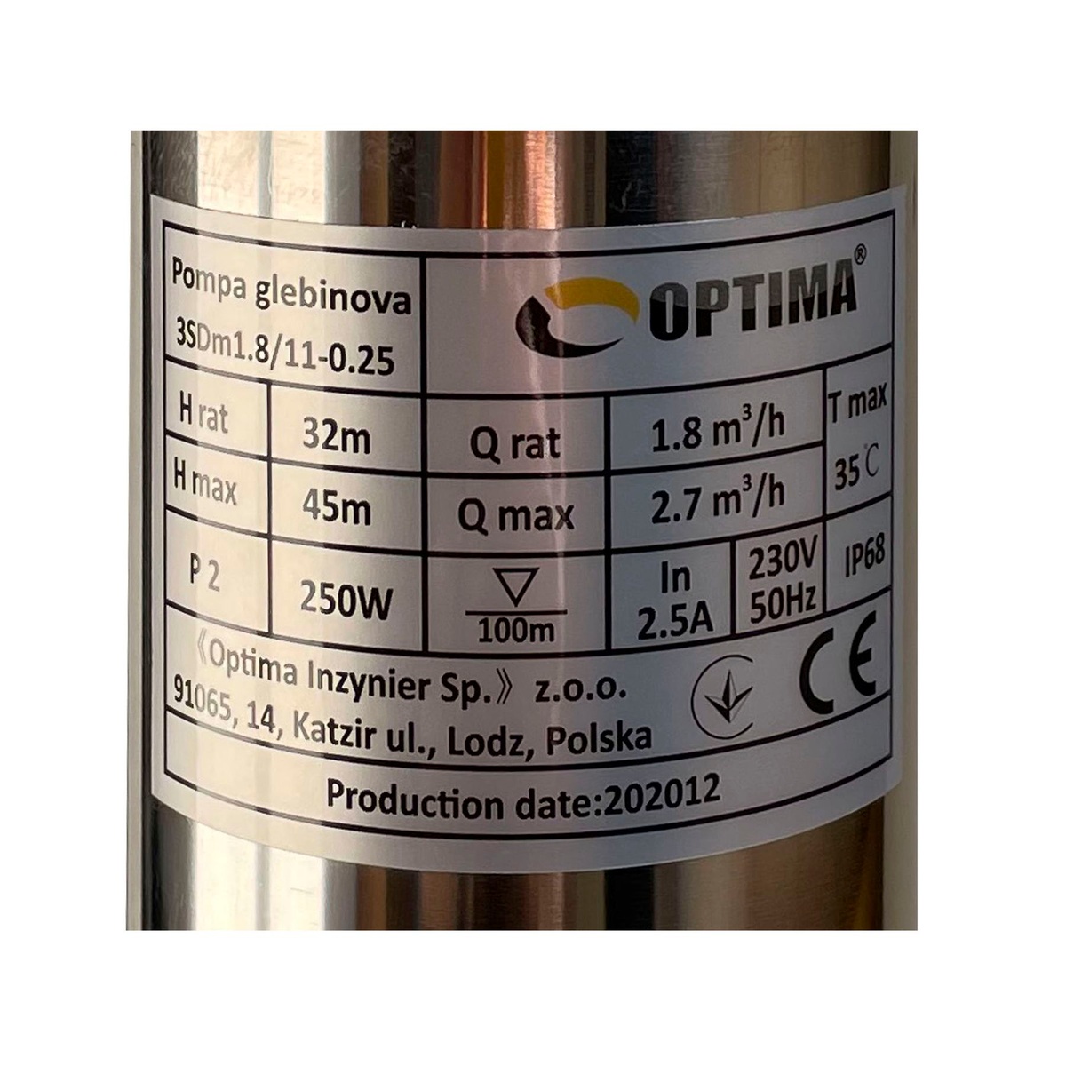 Насос свердловинний OPTIMA відцентровий багатоступінчастий 3SDm1,8/11 250Вт Hmax 45м 2.7м³/ч Ø76мм з серединним забором води 000021396