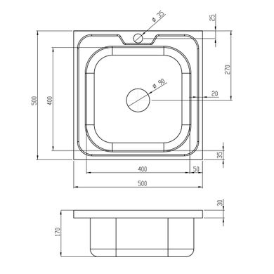 Раковина на кухню металлическая квадратная накладная LIDZ 500мм x 500мм микротекстура 0.6мм с сифоном LIDZ5050DEC06