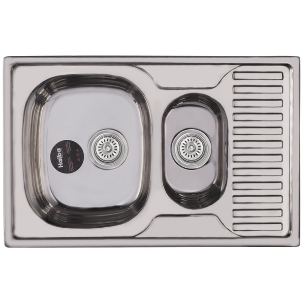 Мийка для кухні із нержавіючої сталі прямокутна HAIBA Armonia 780x500x180мм глянцева 0.8мм на півтори чаші із сифоном HB0571