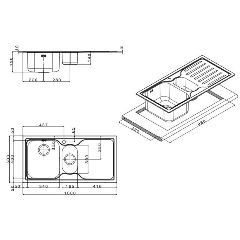 Кухонная мойка металлическая прямоугольная APELL 500мм x 1000мм матовая 0.6мм на полторы чаши с сифоном TO1002ILBC