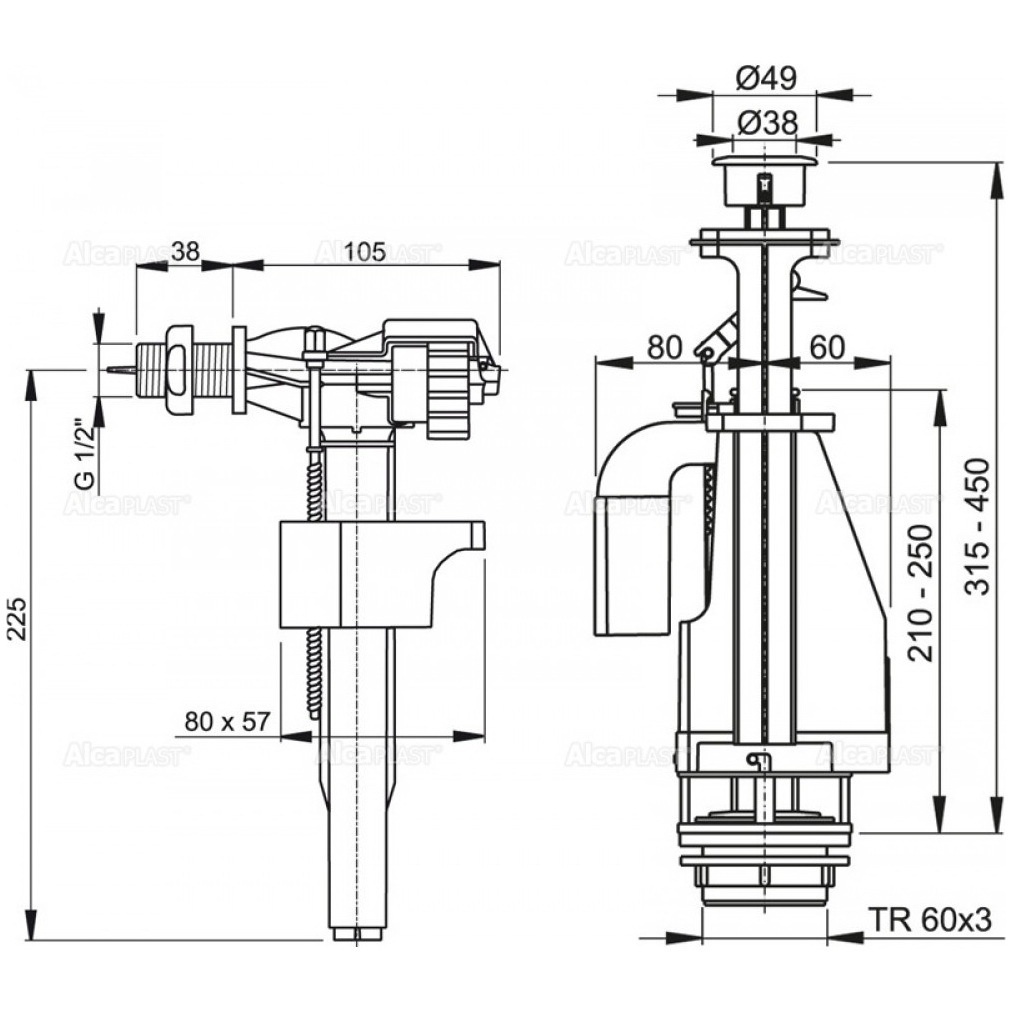 Комплект арматуры для бачка унитаза ALCAPLAST подключение 1/2" боковой подвод воды SA08A 1/2" CHROM