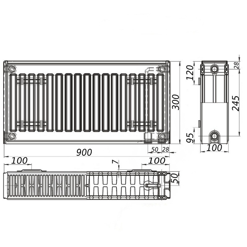 Стальной панельный радиатор отопления KALITE 300x900 мм нижнее подключение класс 22 000022631