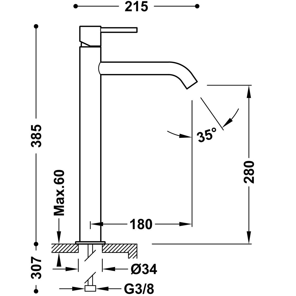 Cмеситель для раковины чаши с высоким изливом TRES Study черный латунь 26230801NM