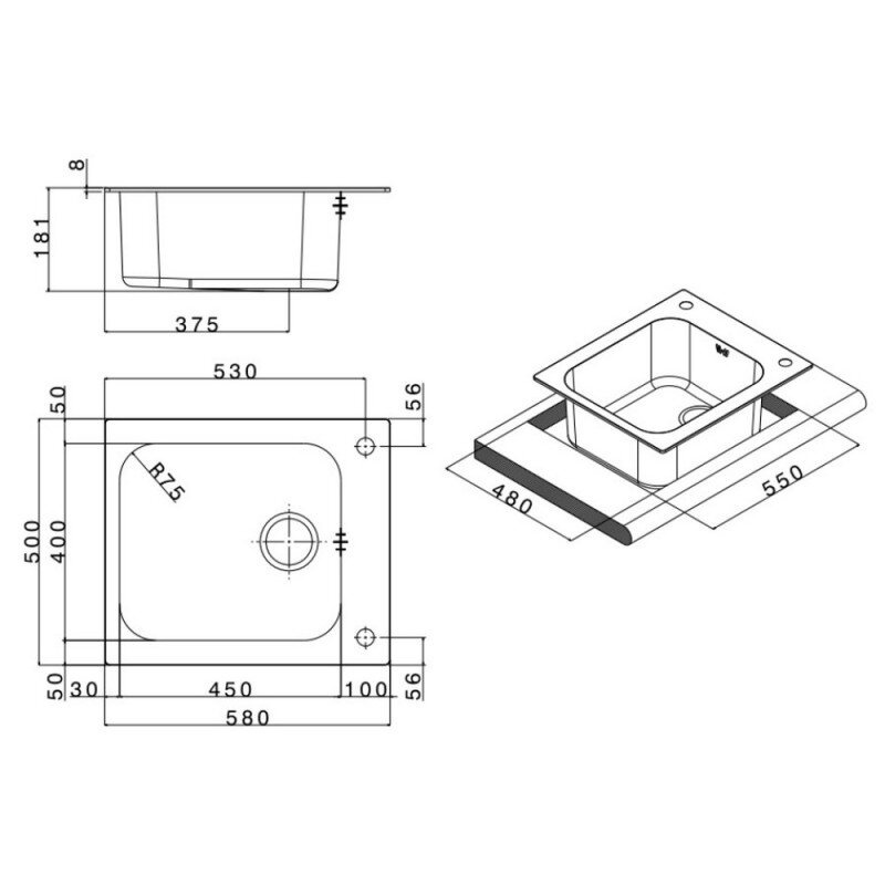 Кухонная мойка стальная прямоугольная APELL 580мм x 500мм микротекстура 1мм с сифоном TO58IAC