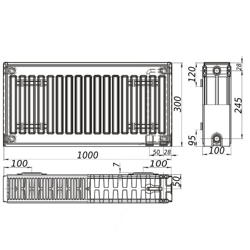 Сталевий панельний радіатор опалення KALITE 300x1000 мм нижнє підключення клас 22 000022632