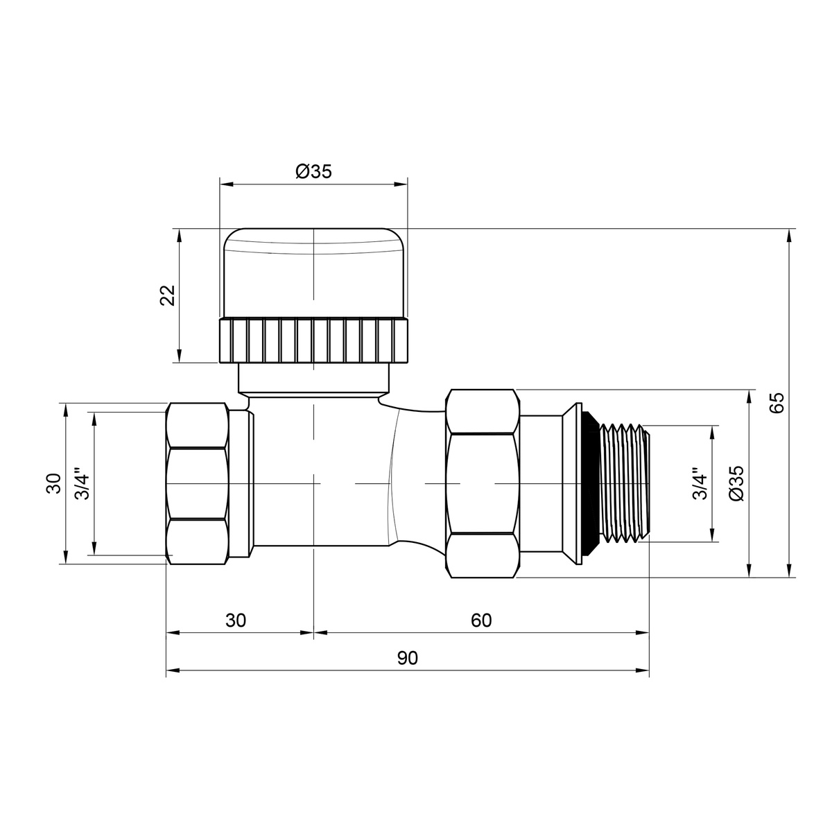 Термостатический радиаторный клапан SANDIPLUS прямой 3/4" с американкой SD351W20