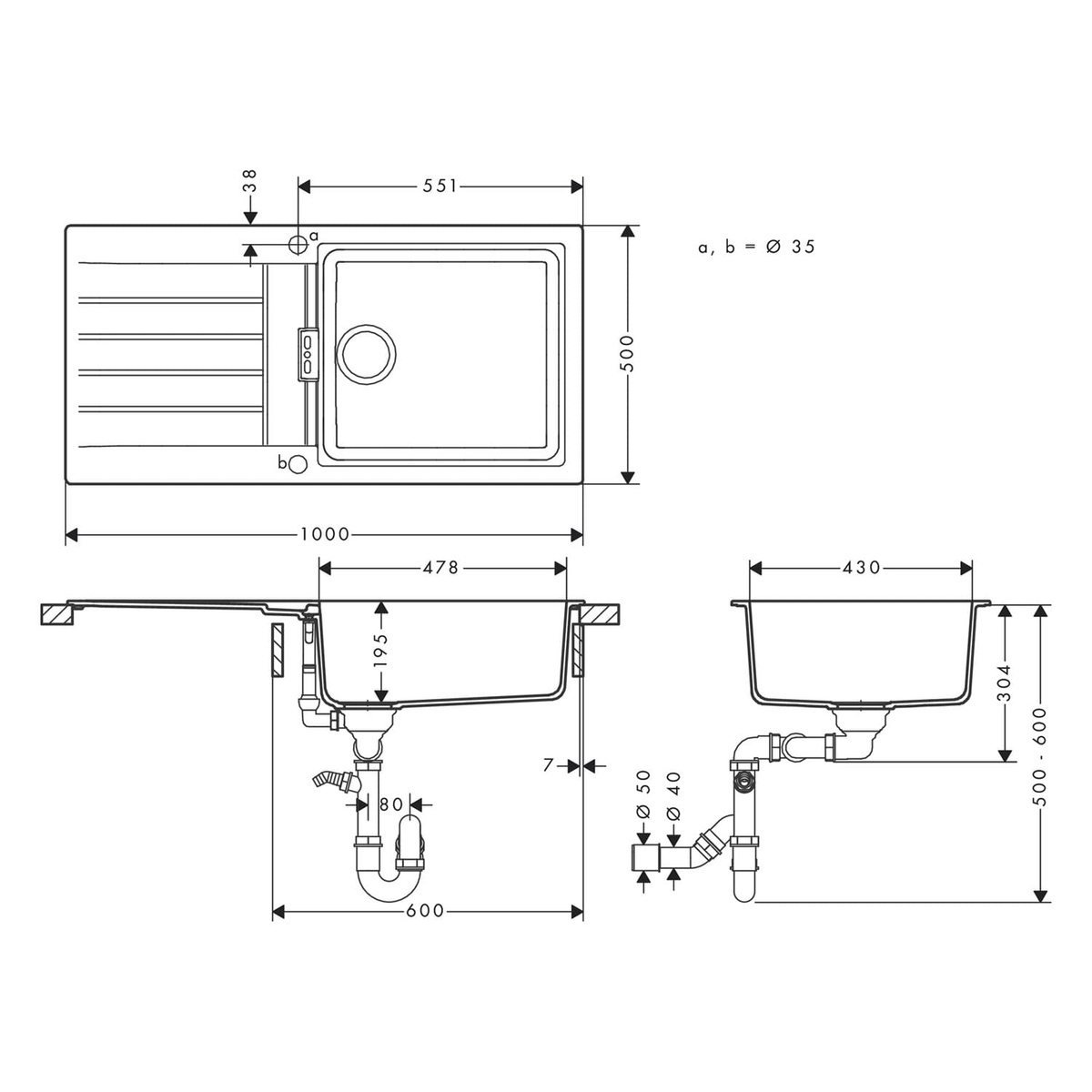 Мойка для кухни гранитная прямоугольная HANSGROHE S52 1000x500x195мм с сифоном черная 43358170