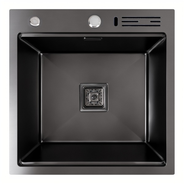 Мойка для кухни из нержавеющей стали квадратная PLATINUM Handmade PVD 500x500x230мм матовая 1мм черная с сифоном PLS-A40746
