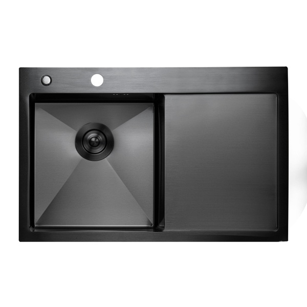 Мийка для кухні із нержавіючої сталі прямокутна PLATINUM Handmade PVD 780x500x230мм матова 1.2мм чорна із сифоном PLS-A33656
