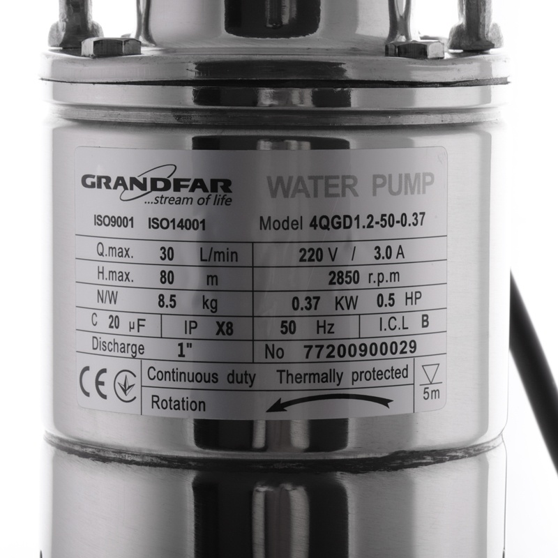 Насос свердловинний GRANDFAR гвинтовий 4QGD 1,2-50-0,37 370Вт Hmax 80м 1.8м³/ч Ø100мм з верхнім забором води GF1306