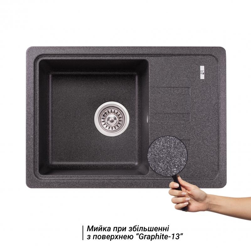 Раковина на кухню из искусственного камня прямоугольная LIDZ GRF-13 430мм x 615мм черный с сифоном LIDZGRF13620435200